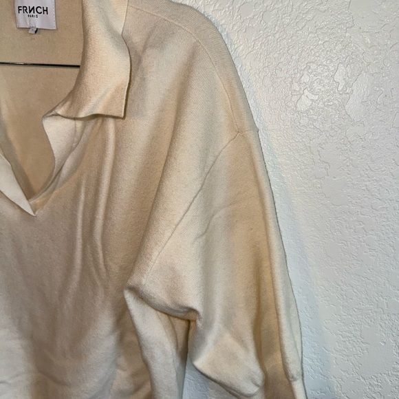 FRNCH Cream Short Sleeve Soft Polo V-Neck Sweater Size Large - Picture 3 of 8